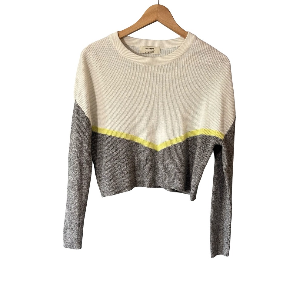 Pull&Bear Colorblock Cropped Crewneck Sweater White Grey Neon